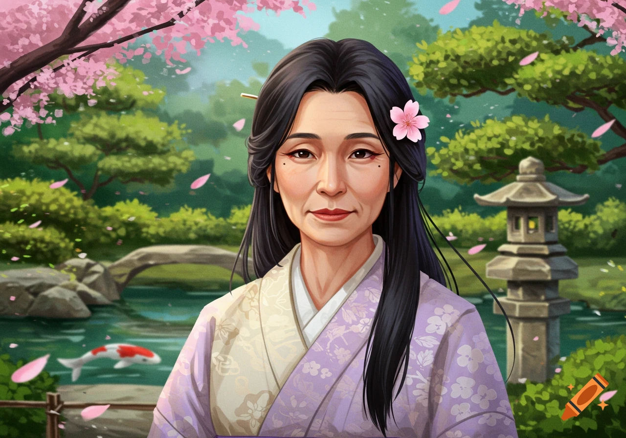 A middle-aged Japanese woman in a kimono, standing in a traditional garden with cherry blossoms, a pond, and a stone lantern.