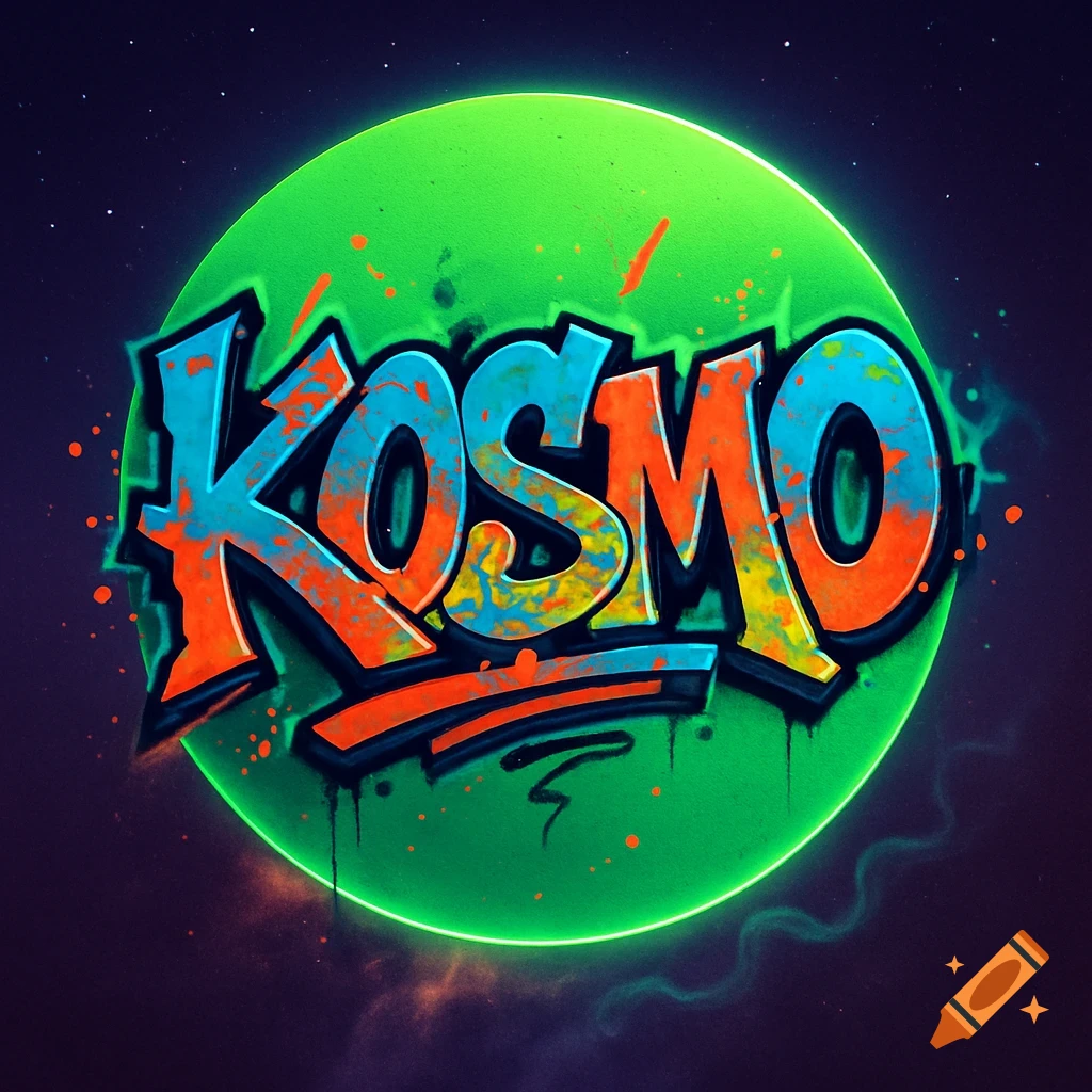 Graffiti-style text 'KOSMO' in blue, orange, and yellow with black outlines, set against a large glowing green circle and a starry dark background.