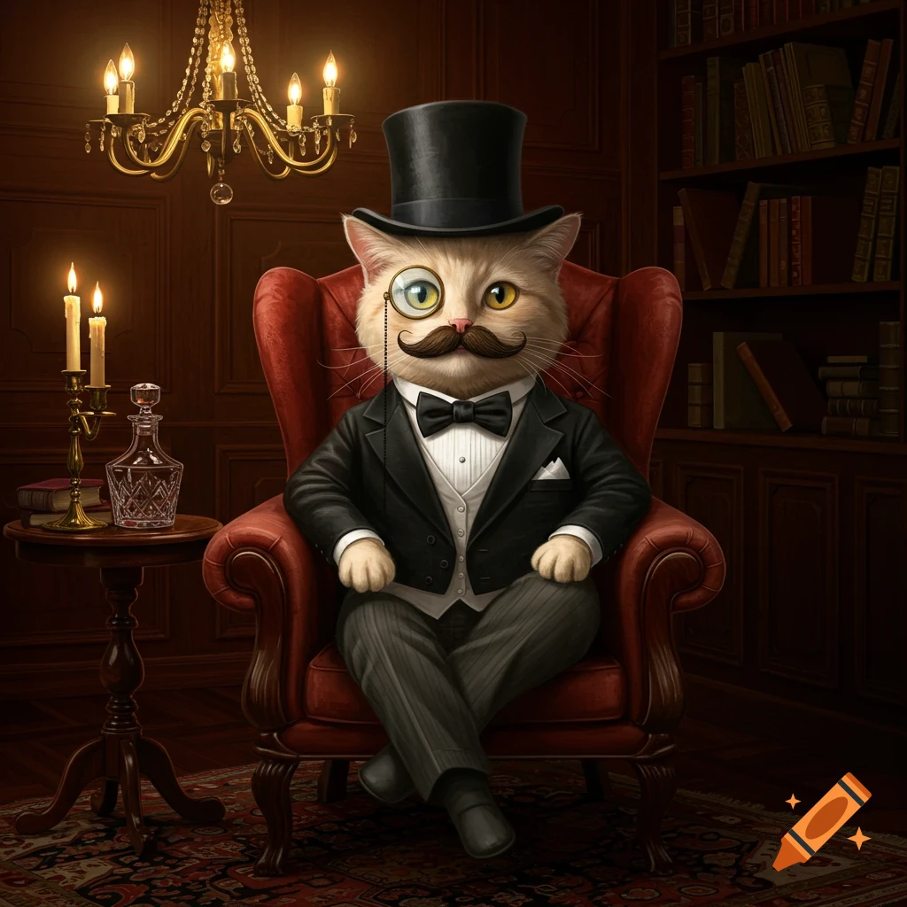 A sophisticated cat in a tuxedo, top hat, and monocle sits regally in a red armchair in a dimly lit, wood-paneled study.