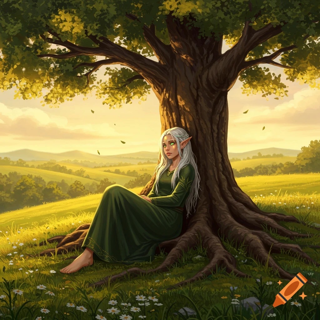 An elf girl with white hair and a green dress sits under a large tree on a grassy hill at sunset.