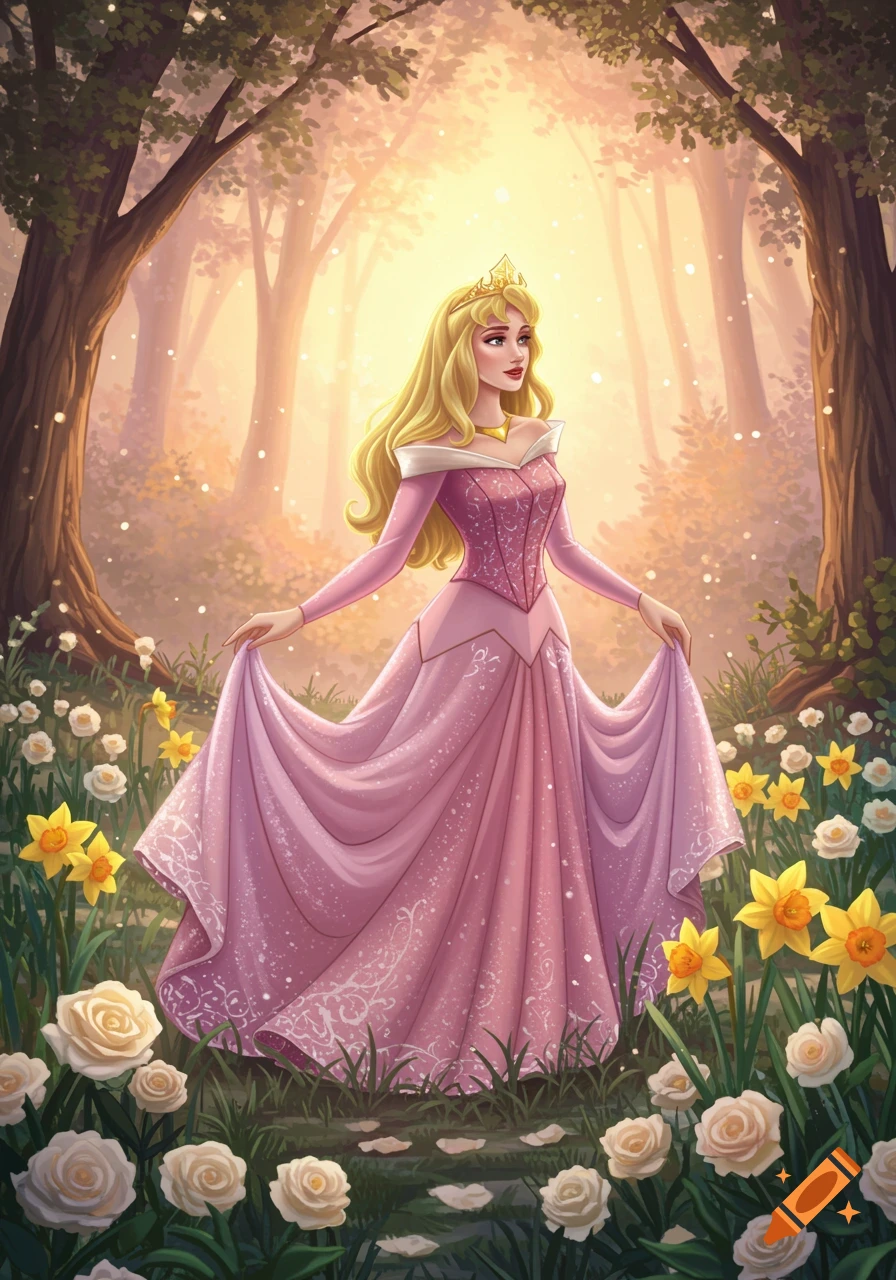 Princess Aurora in a pink gown stands in a magical forest clearing filled with white roses and yellow daffodils under a golden glow, animated style.