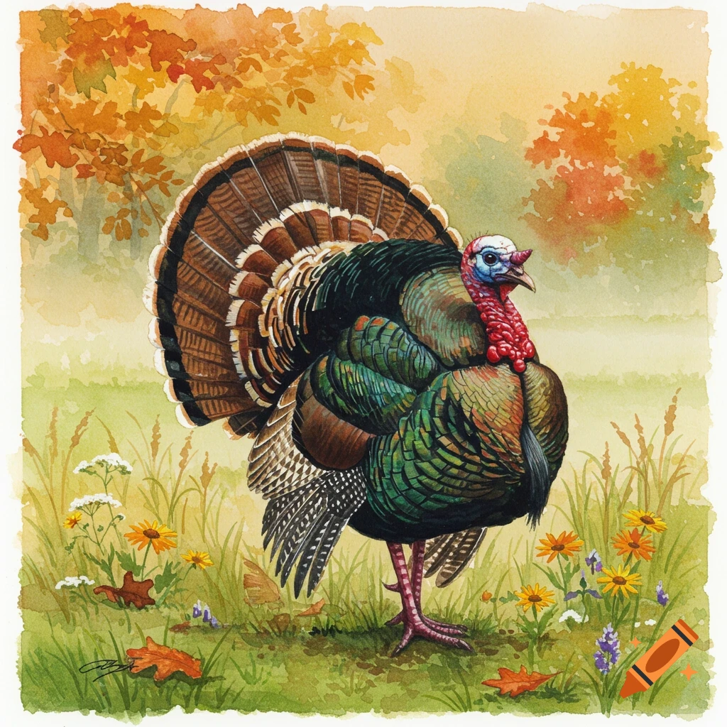 Watercolor painting of a wild turkey in an autumn field with colorful trees.