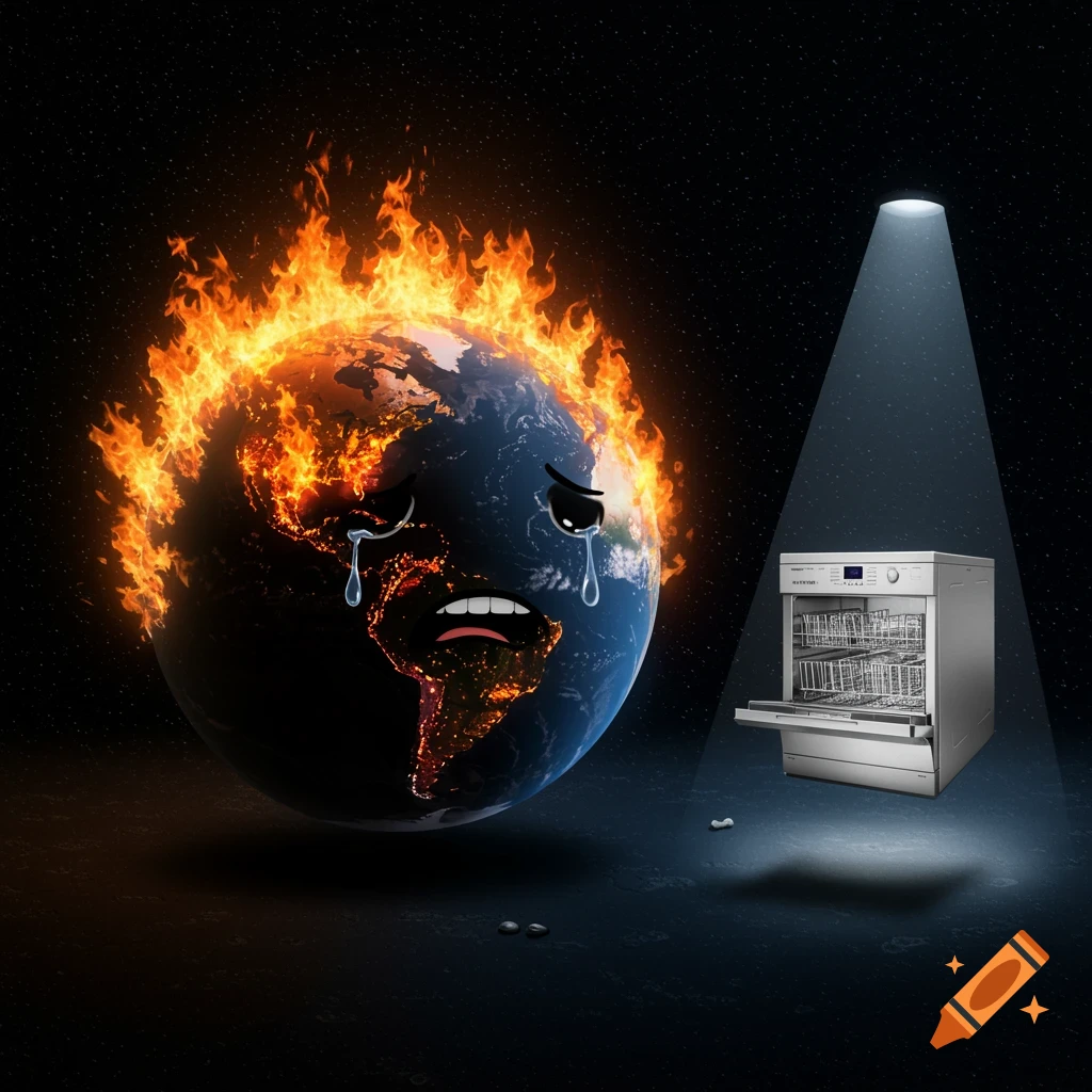 A crying Earth, engulfed in flames, looks longingly at a white dishwasher under a spotlight in space.
