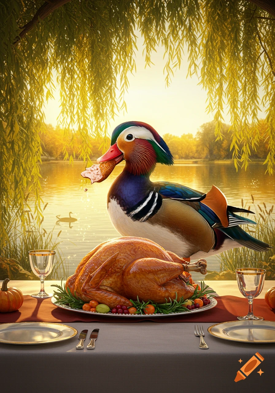 A colorful mandarin duck stands behind a roasted turkey on a lakeside dinner table at sunset.