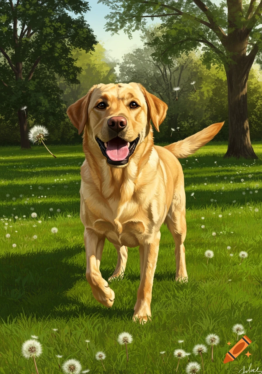 A happy yellow Labrador retriever walking in a grassy park filled with dandelions, under a sunny sky.