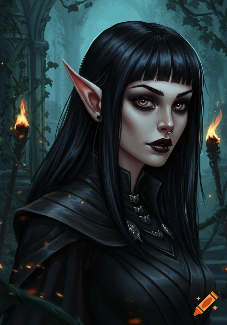 A dark fantasy portrait of an elf woman with pale skin, long black hair, bangs, dark gothic makeup, and a nose ring, set in a shadowy ancient ruin.