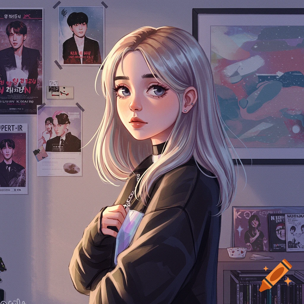 Anime portrait of a young woman with blonde hair in a black jacket, standing in a room with K-pop posters.