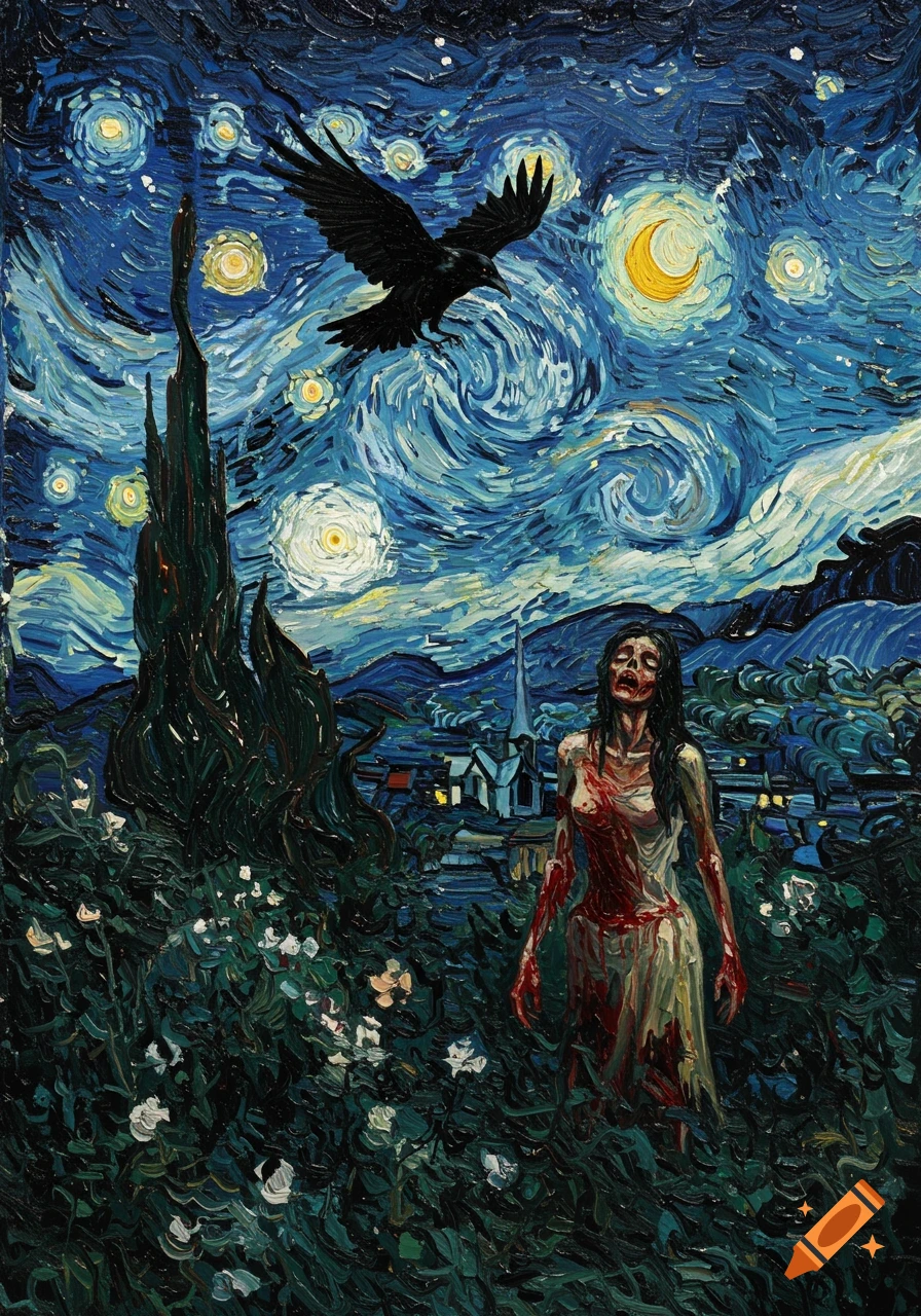 Van Gogh style oil painting of a bloody zombie woman in a dark garden at night with a crow flying under a starry sky.