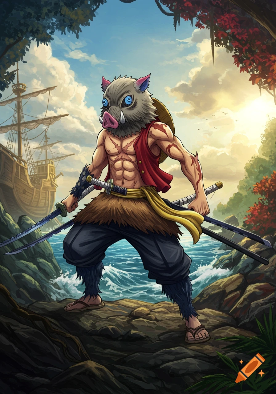 Inosuke-Luffy fusion character holding katanas on a rocky shore with a pirate ship and ocean, in stylized anime art.