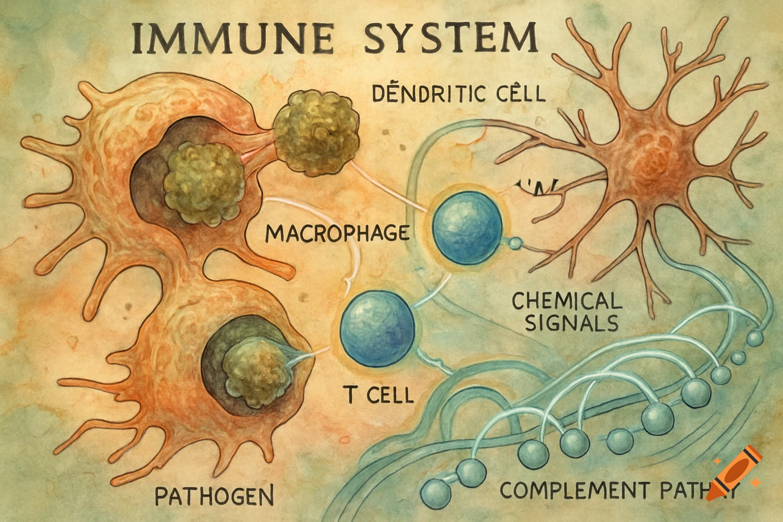 A watercolor diagram illustrating the immune system's components and interactions, including macrophage, T cell, dendritic cell, and pathogen.