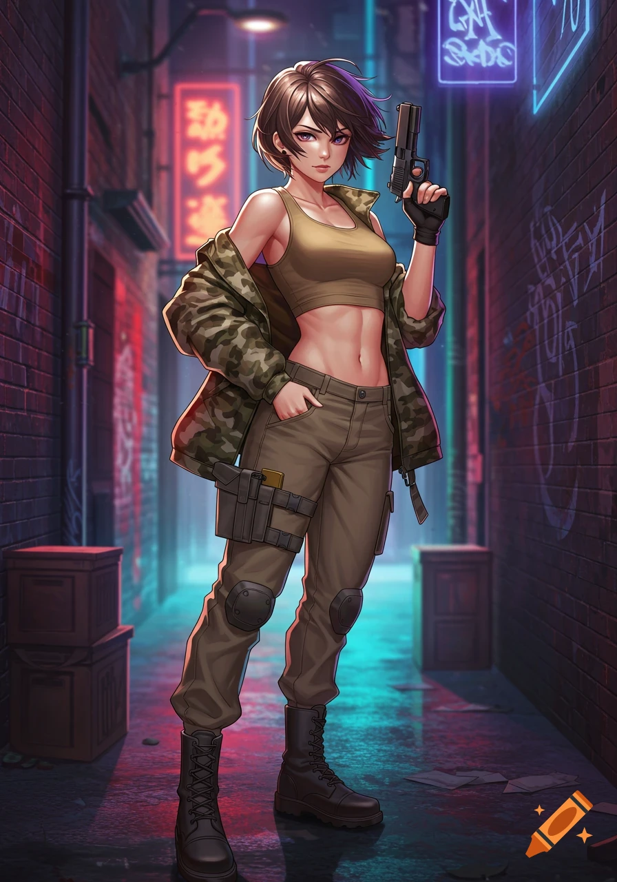 Anime girl with short brown hair, camouflage jacket, tan crop top, and cargo pants, holding a pistol in a dark alley with neon signs.