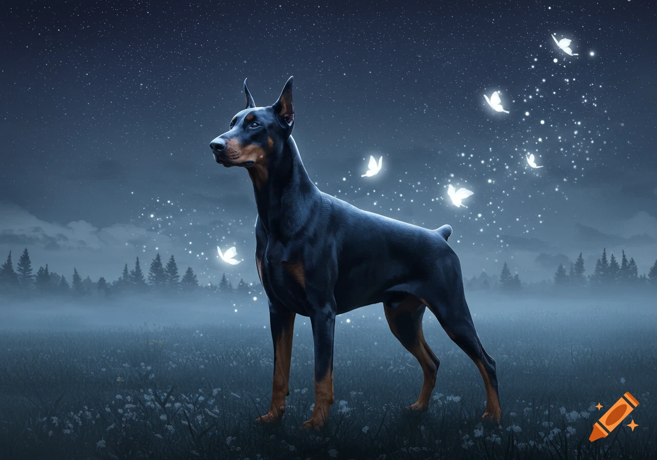 A black and tan Doberman stands in a misty field at night under a starry sky, surrounded by glowing white butterflies and sparkles.
