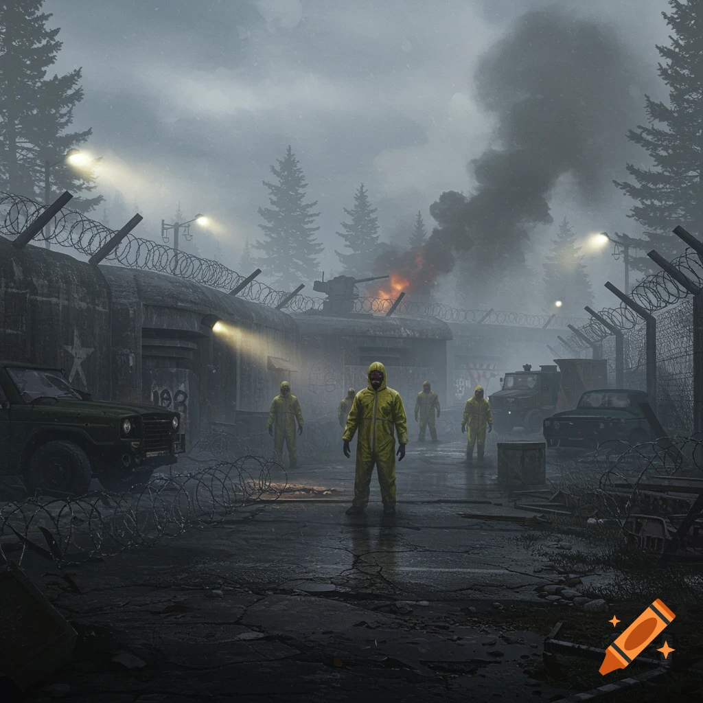 A dark, moody scene of figures in yellow hazmat suits on a military base with barbed wire, vehicles, and smoke, in a photorealistic style.