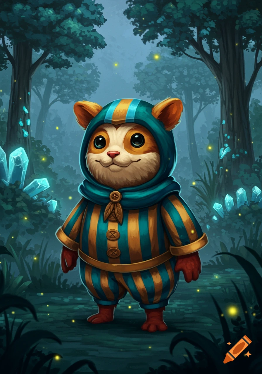 A cute cartoon creature wearing a blue and yellow striped hooded outfit stands in a mystical forest with glowing crystals and fireflies.