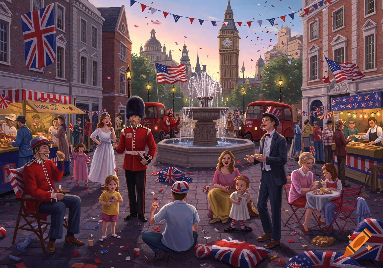 A vibrant, festive illustration of a street celebration with people, British and American flags, a fountain, and Big Ben in the background.
