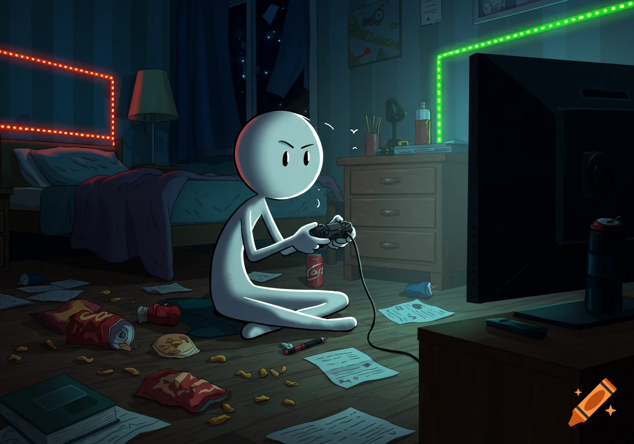 A cartoon stickman sits on a messy floor in a dimly lit room, playing video games with a controller. Papers and snack wrappers are scattered around him, and LED lights illuminate parts of the room.