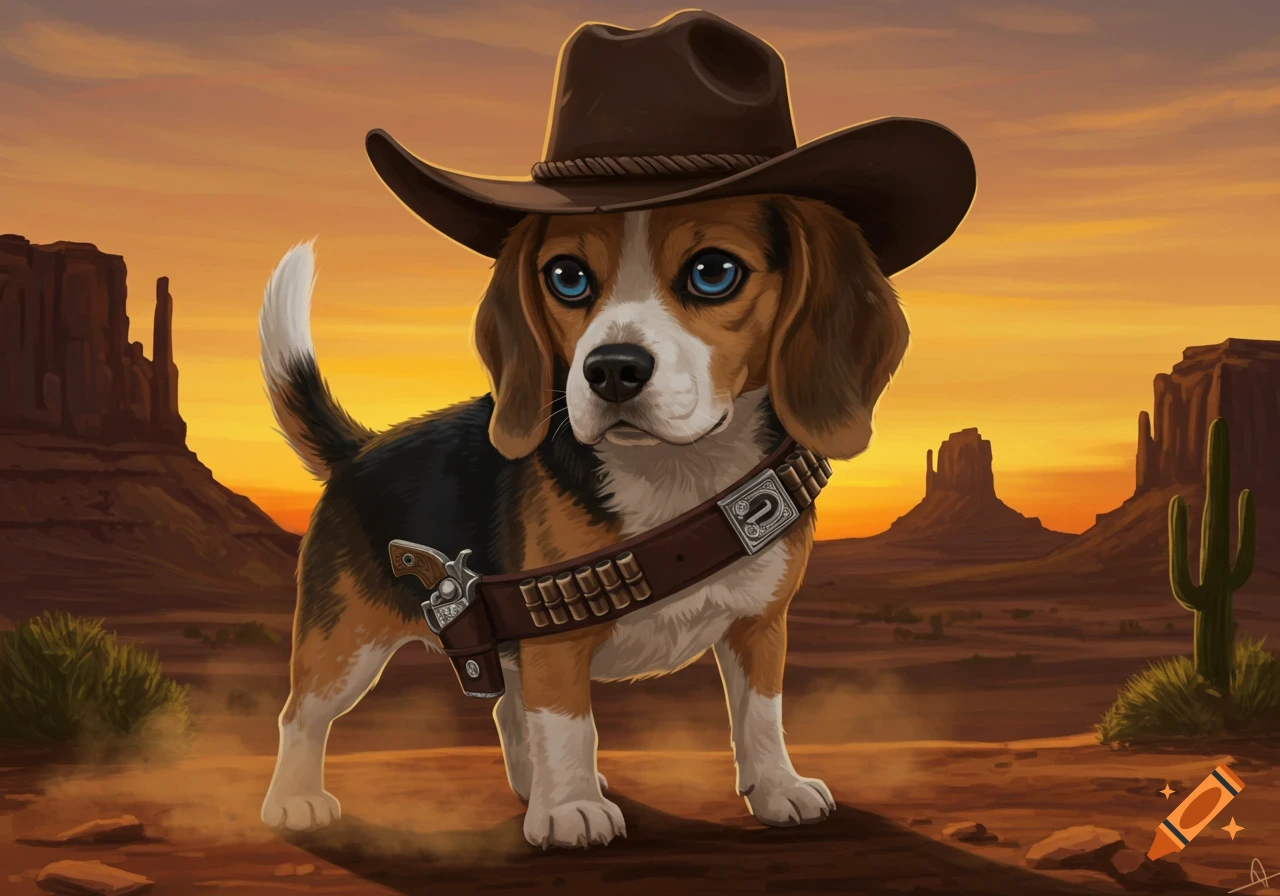 An illustration of a cute beagle wearing a cowboy hat and bandolier with a tiny gun, standing in a desert at sunset.