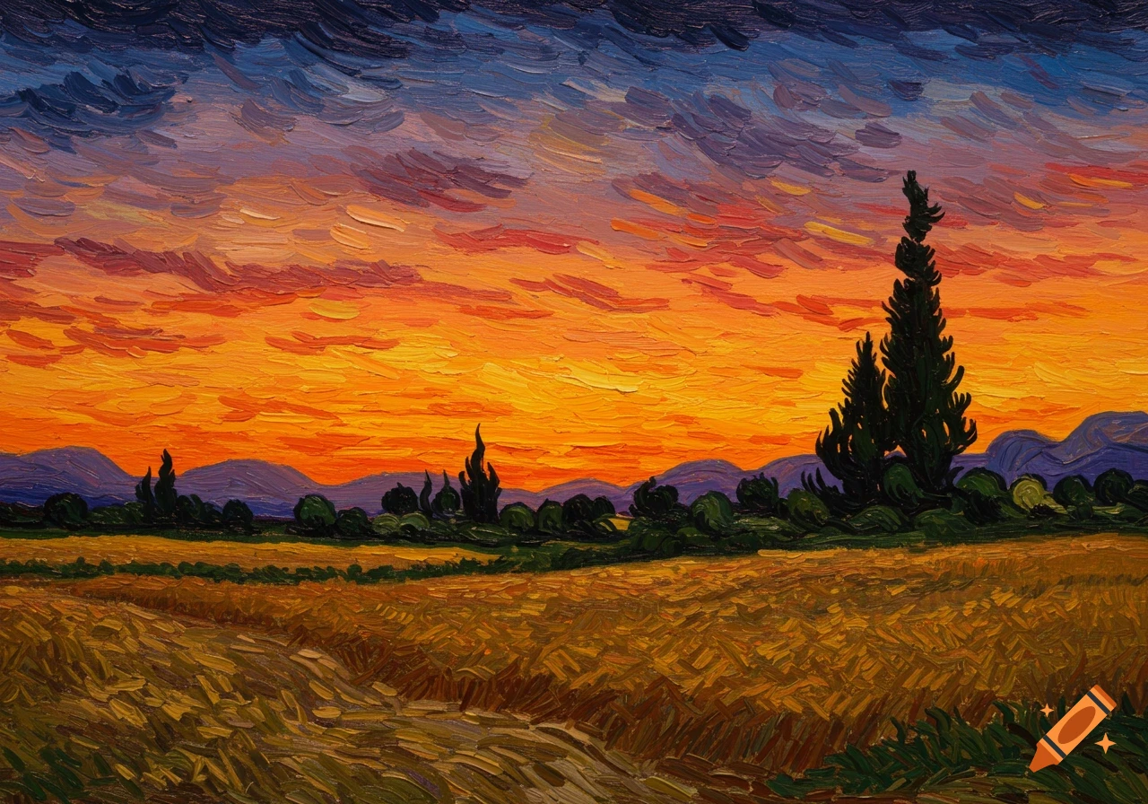 Mountain Landscape at Sunset in an Oil Pastel Drawing
