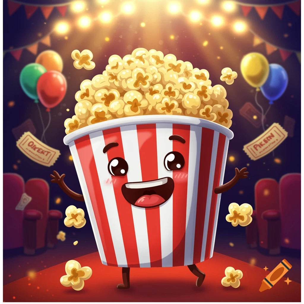 A cute, smiling cartoon popcorn bucket on a red carpet in a cinema, surrounded by popcorn, balloons, and tickets.