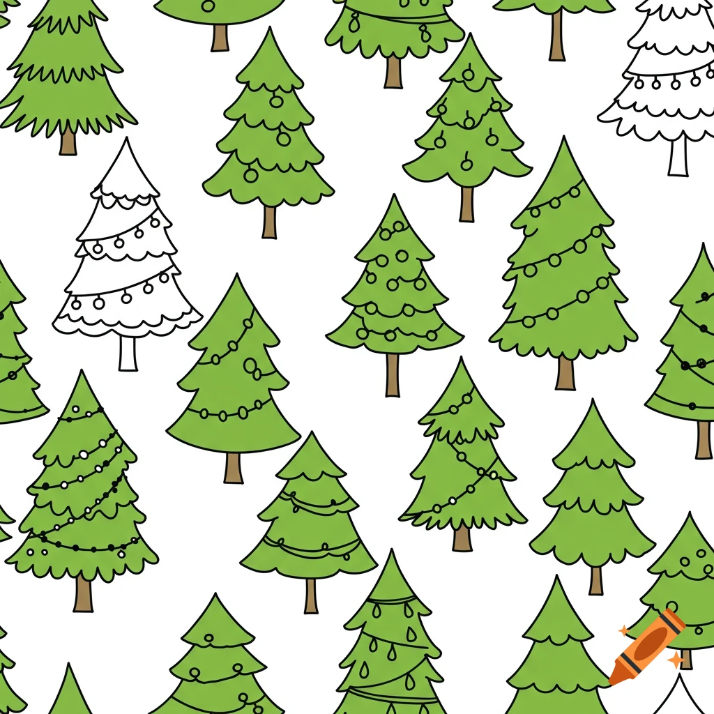 Seamless pattern of cartoon-style green and outlined Christmas trees on a white background.