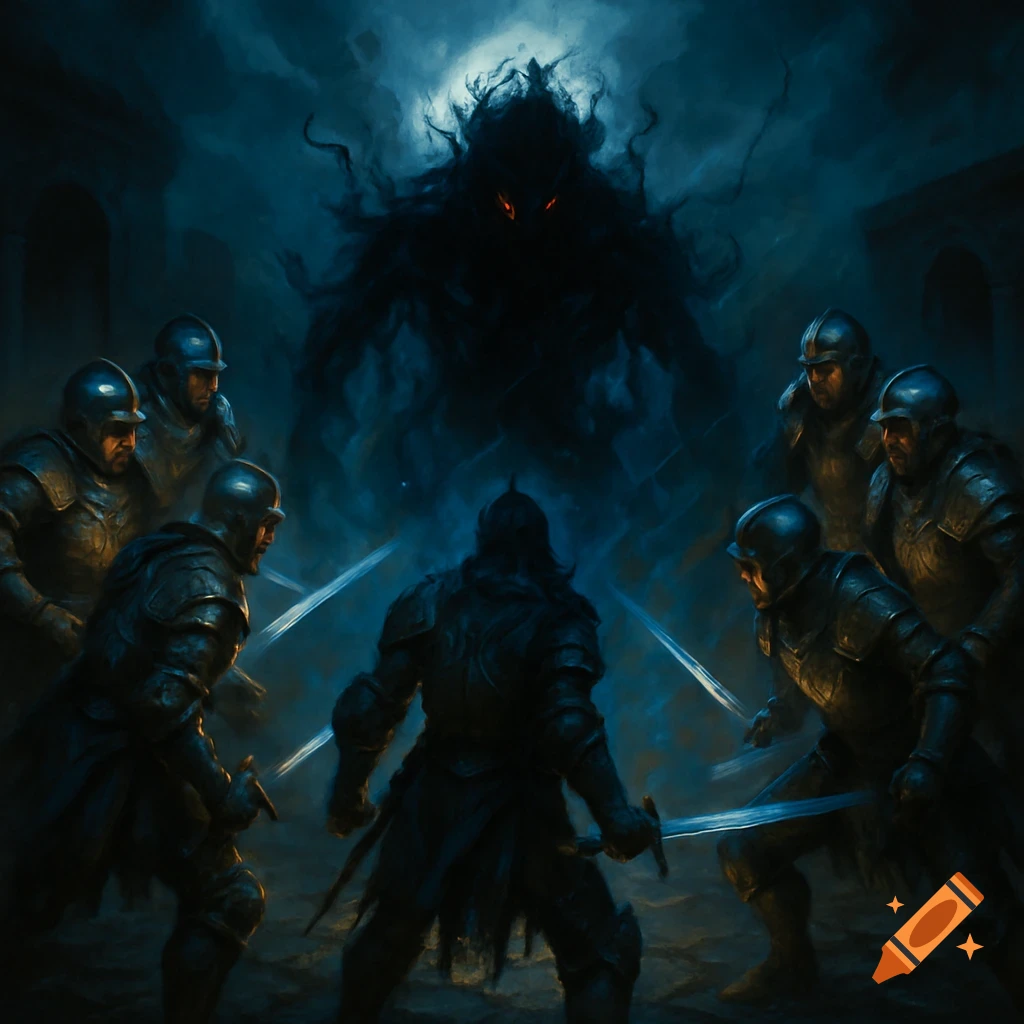 Armored knights with glowing swords surround a menacing shadowy monster with red eyes in a dark, painterly fantasy setting.