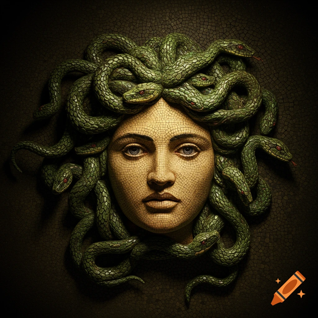 A detailed mosaic art piece depicting the ancient Greek gorgon Medusa's head with green snakes for hair.