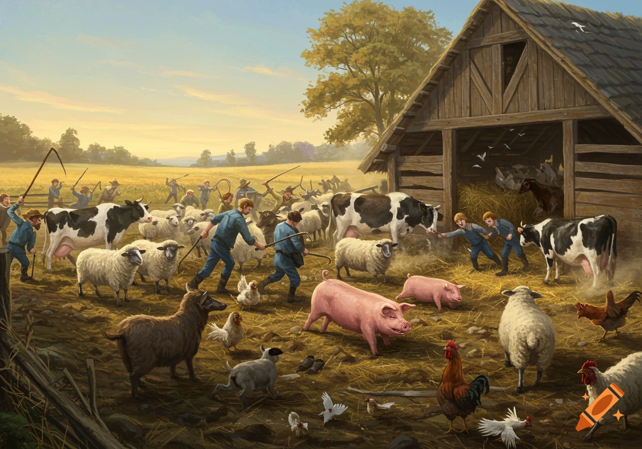 A chaotic farm scene with humans and various animals like cows, sheep, pigs, and chickens, possibly in a struggle or herding activity, near a barn and fields at sunset.