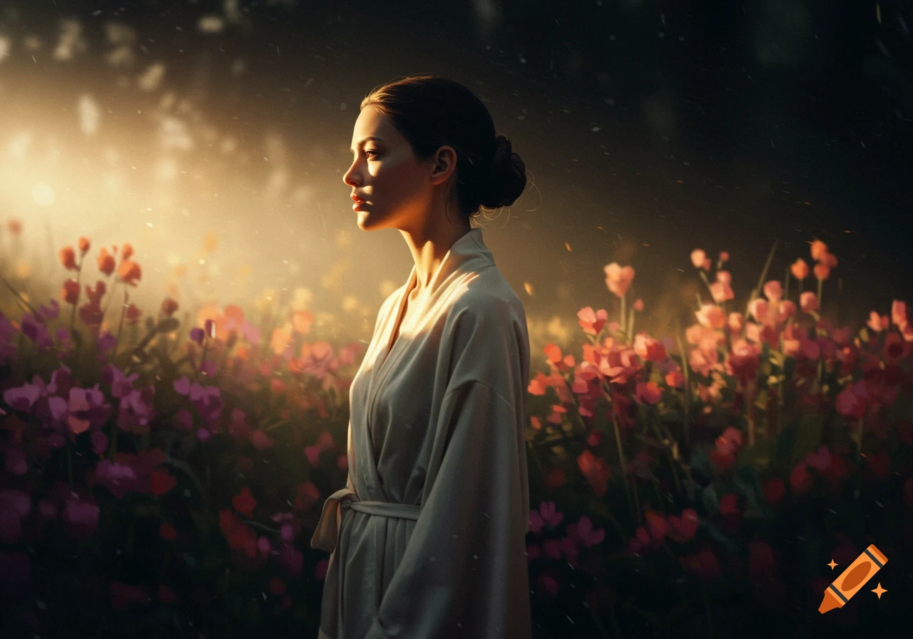 A woman in a robe stands in profile in a field of pink and purple flowers, bathed in warm golden light.