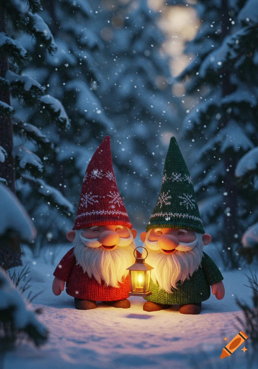 Two smiling gnomes in red and green knitted hats holding a lantern in a snowy forest, Pixar-like 3D render.