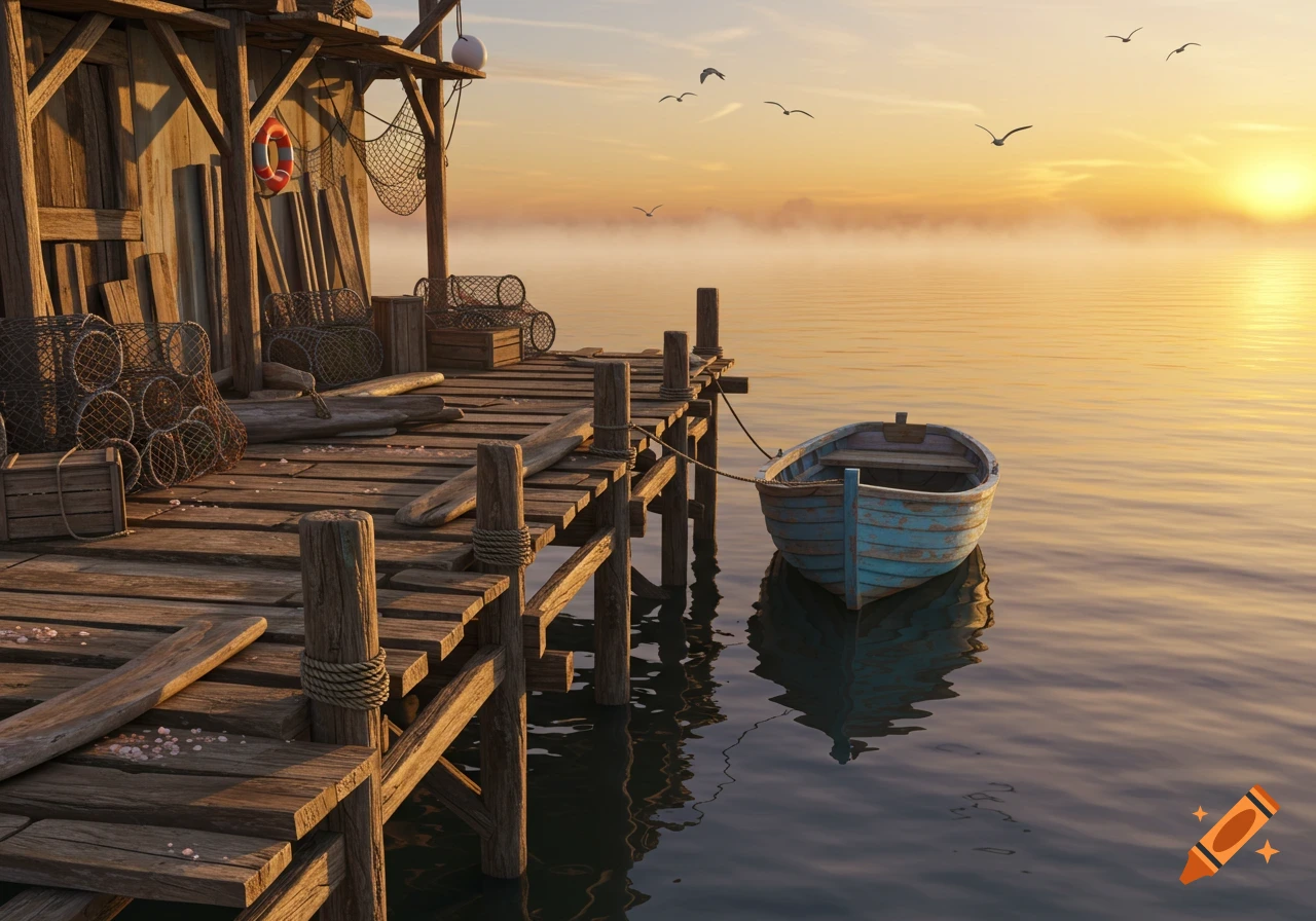 A weathered wooden wharf with fishing gear and a blue rowboat tied to it, set against a misty sunrise over calm water with birds flying.