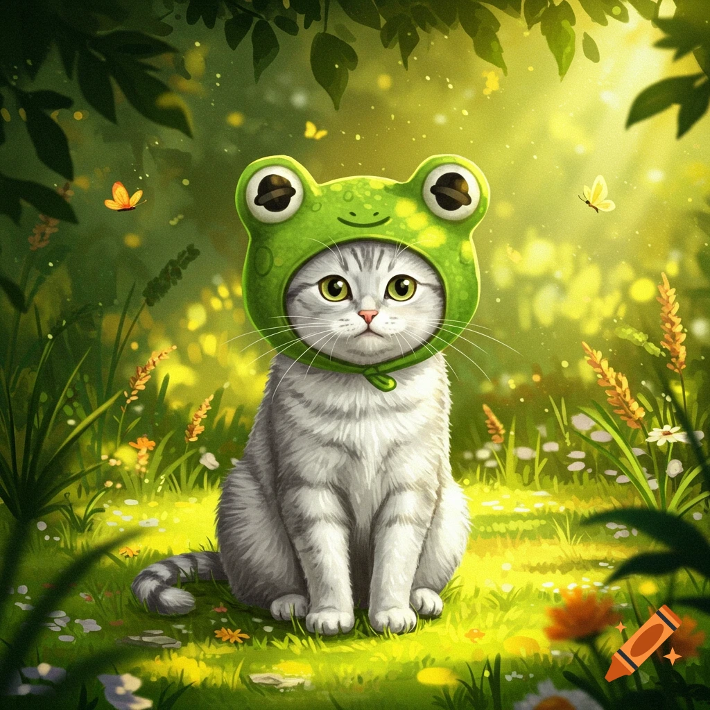 A cute gray and white cat wearing a green frog hat sits in a sunny, whimsical forest with butterflies.