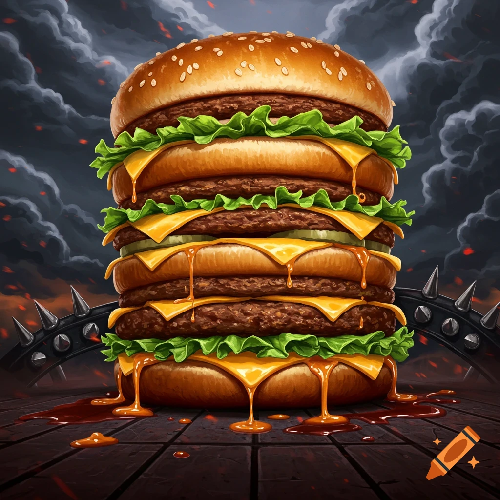 A giant, stylized burger with dripping cheese and sauce against a dark, stormy, gothic background with metal spikes.