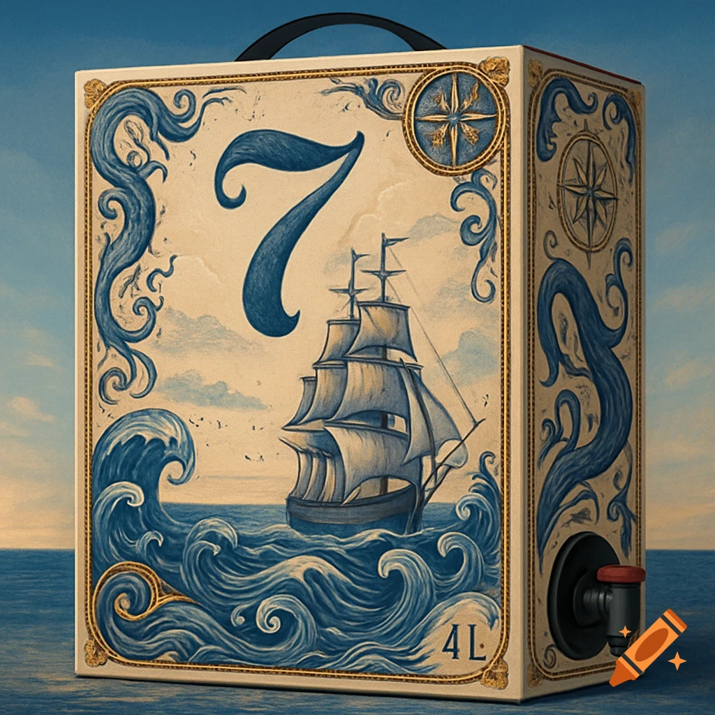 Vintage-style 4L boxed wine with a maritime theme, featuring a large '7', a sailing ship on waves, and a compass rose.