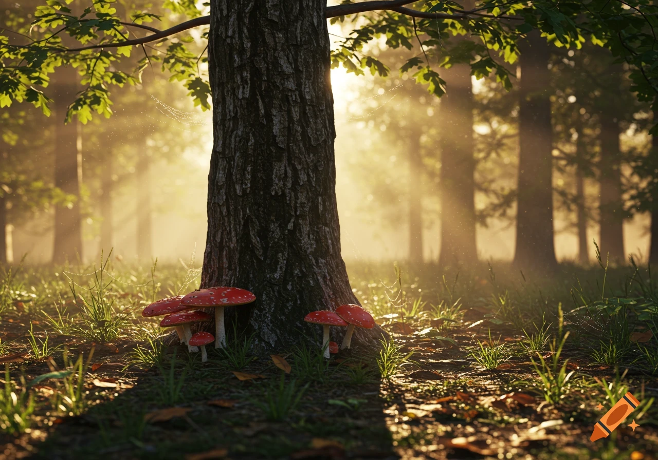 Photorealistic image of red and white spotted mushrooms at the base of a tree in a sunlit forest.