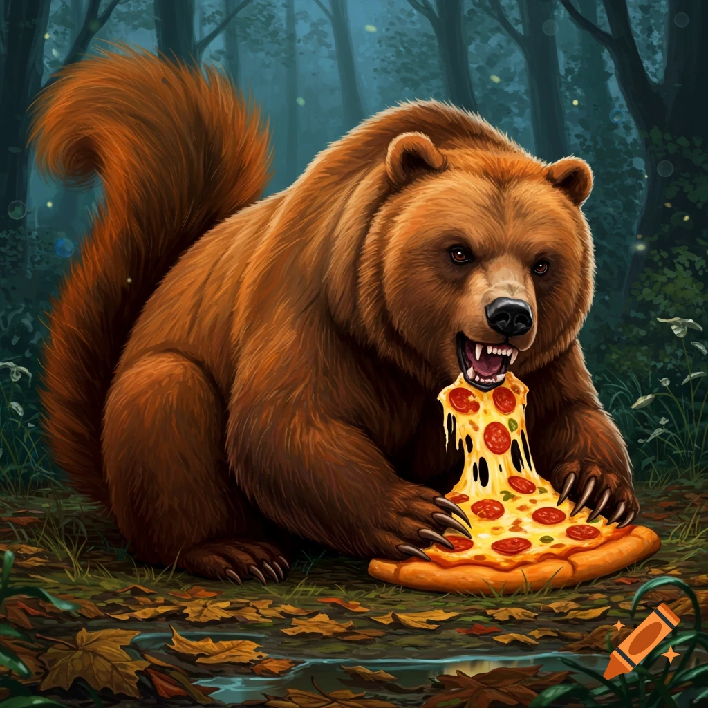 An illustrated brown bear-like creature with a large squirrel tail fiercely eats a slice of pepperoni pizza in a dark forest.