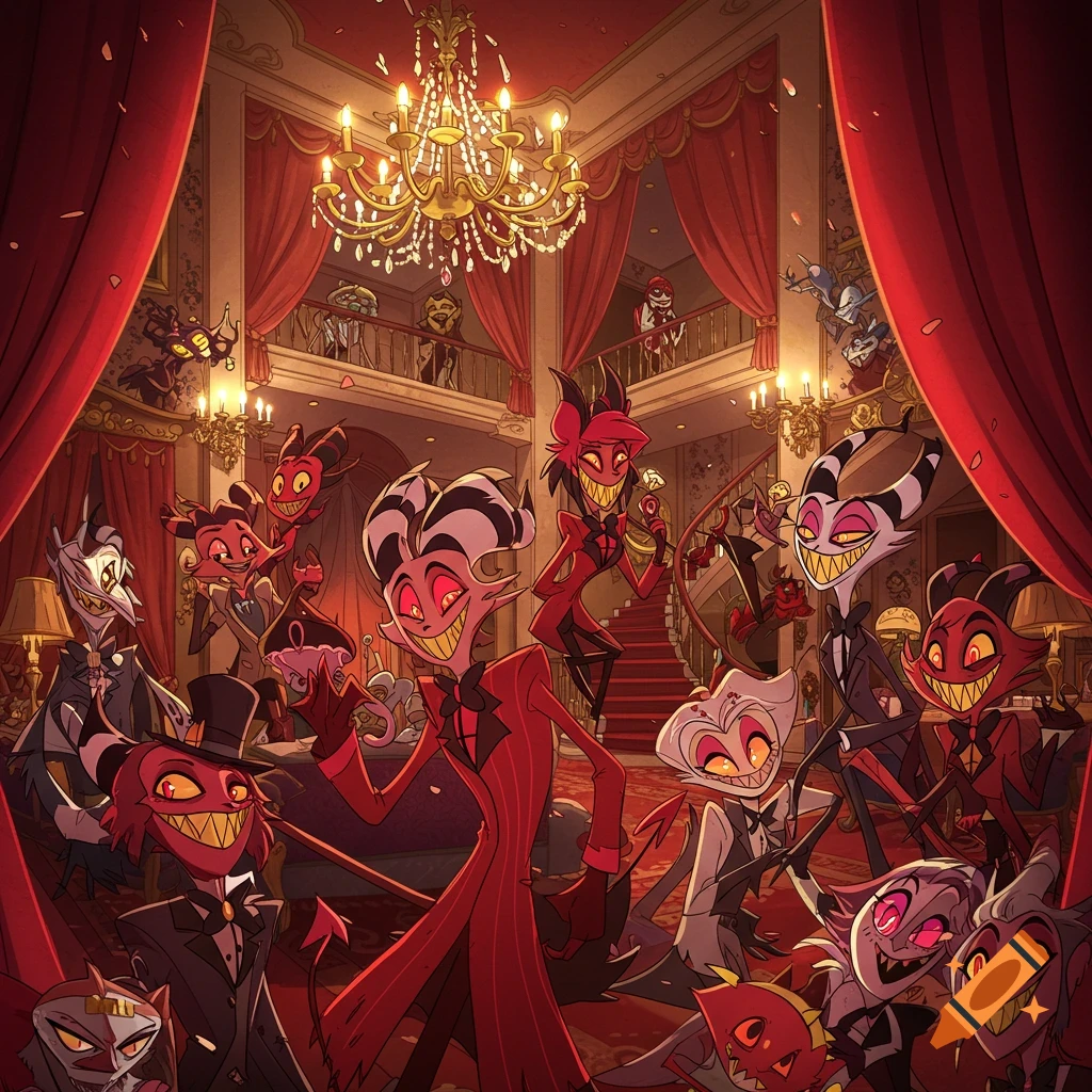 A large group of smiling, stylized demon characters from Hazbin Hotel in a grand, ornate mansion, animated style.