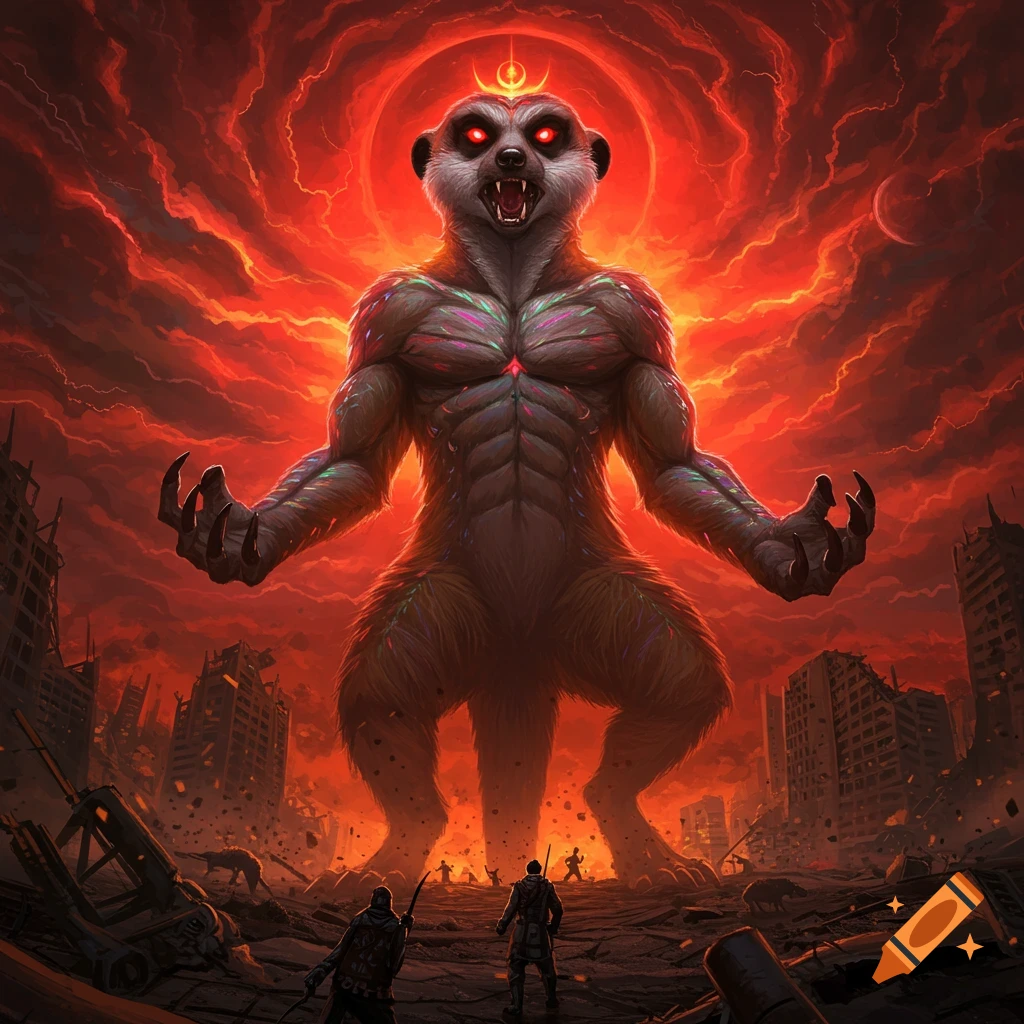 A giant, muscular anthropomorphic meerkat with glowing red eyes stands menacingly amidst a destroyed city under a fiery red sky, in a detailed fantasy art style.