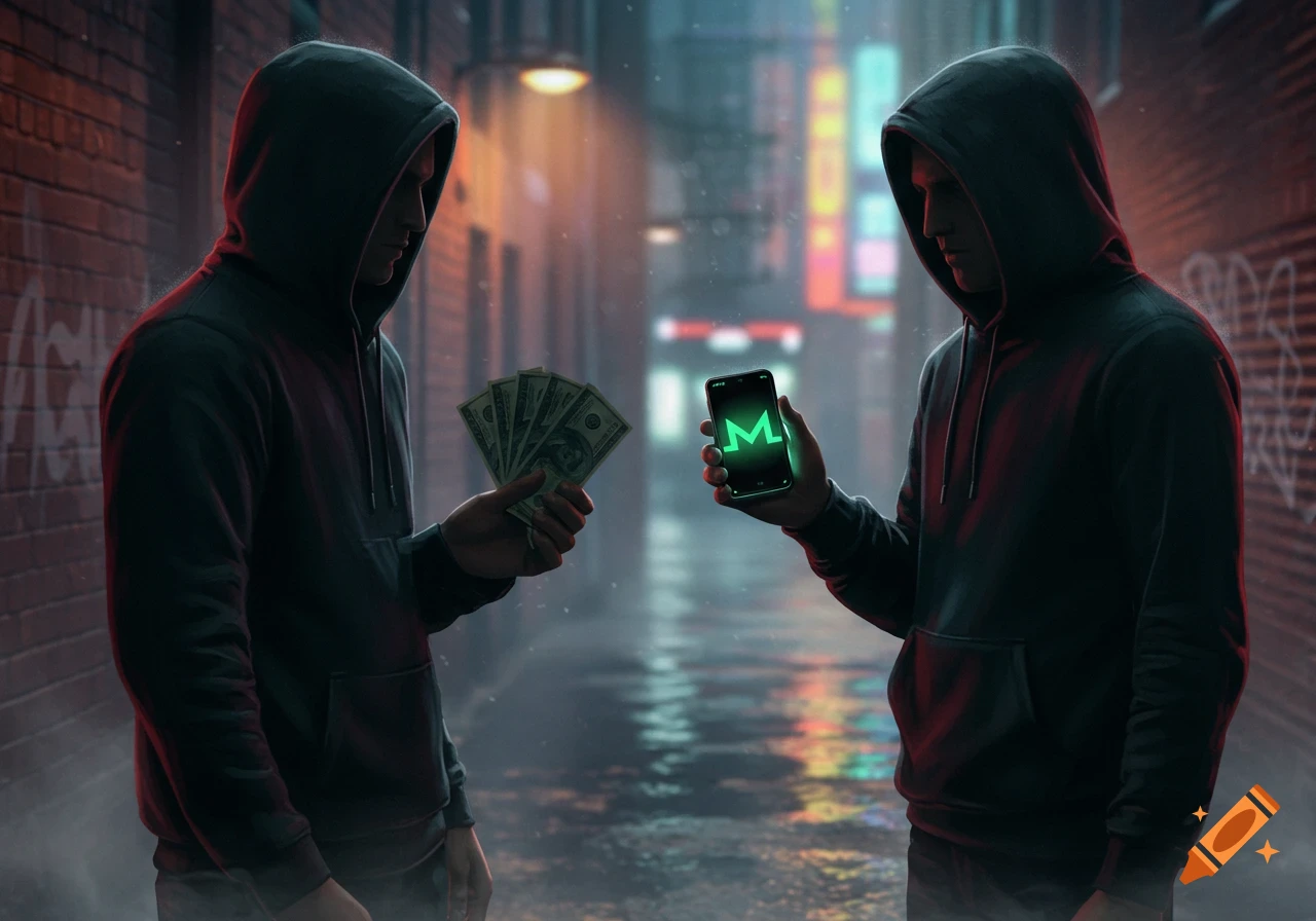 Two hooded figures exchange cash for a glowing M symbol on a smartphone in a dark, wet urban alley at night.