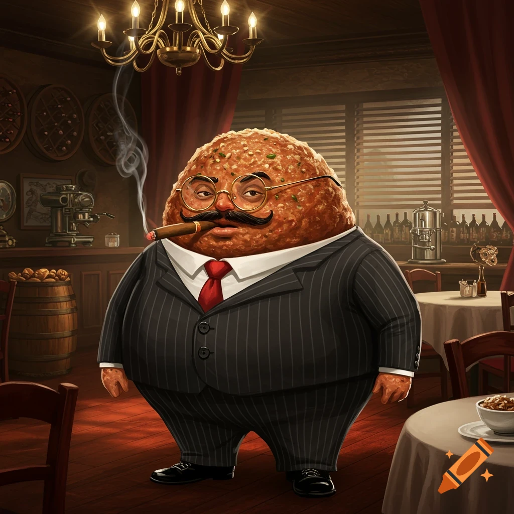 A cartoonish meatball character in a suit with a mustache and glasses, smoking a cigar in a dimly lit restaurant.