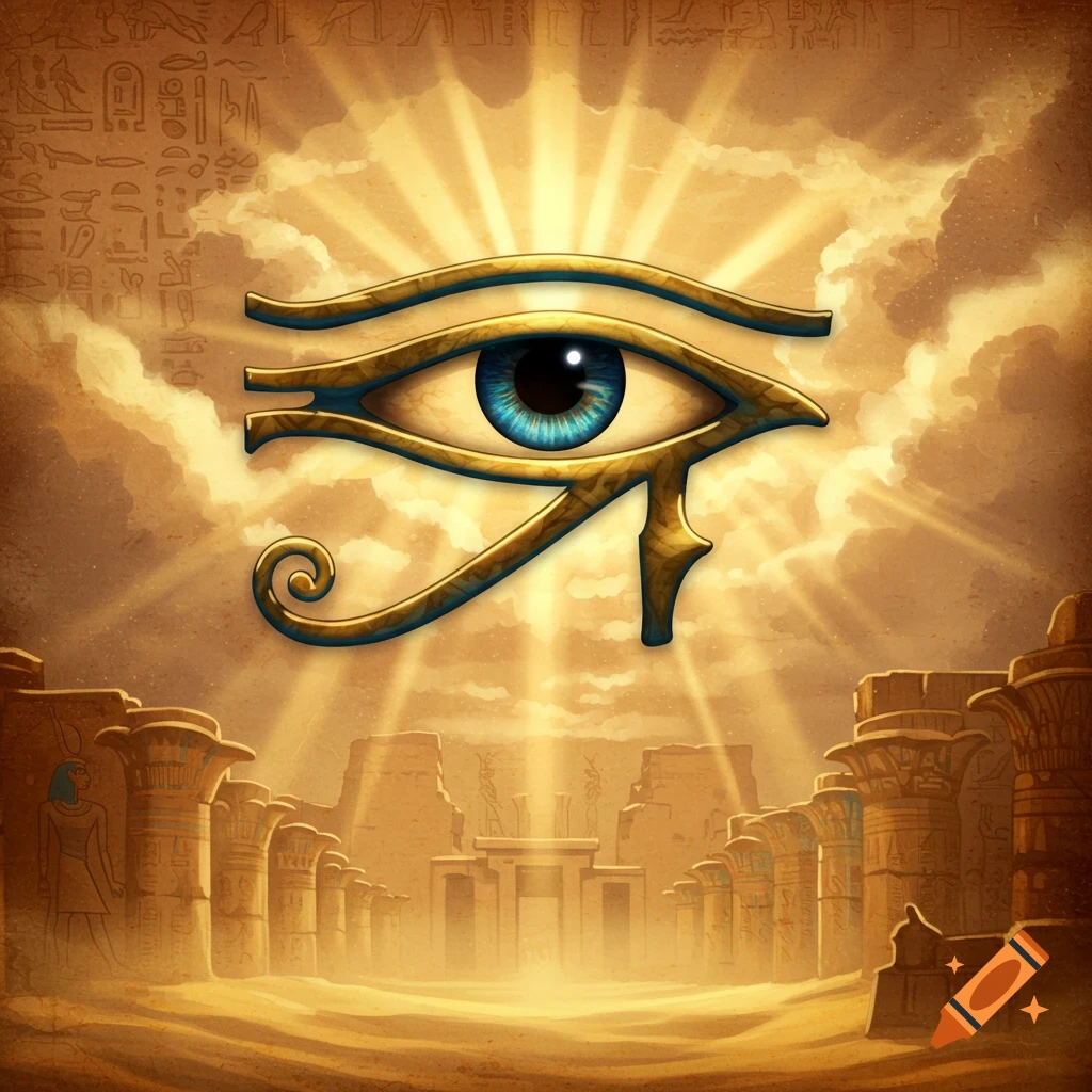 The Eye of Ra symbol glows brightly in a desert landscape with ancient Egyptian ruins under a sunlit sky.
