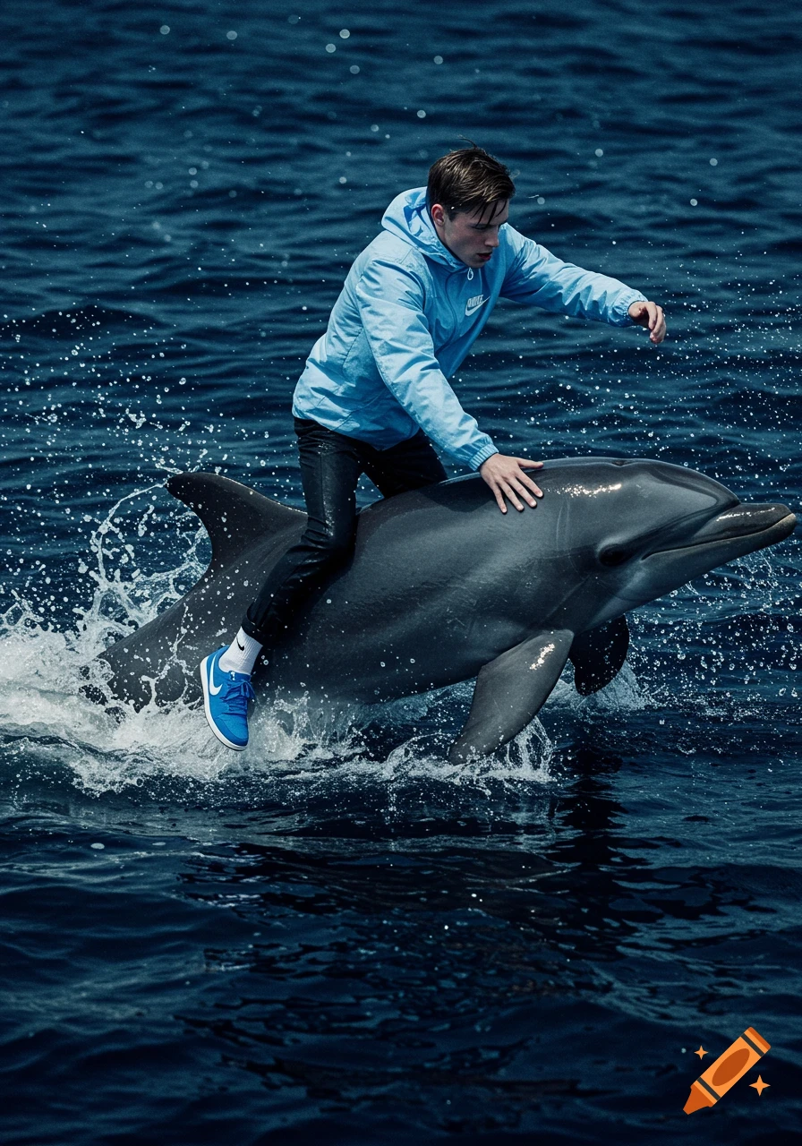 A young man in a blue windbreaker and sneakers rides a dolphin, splashing water in a dark ocean.