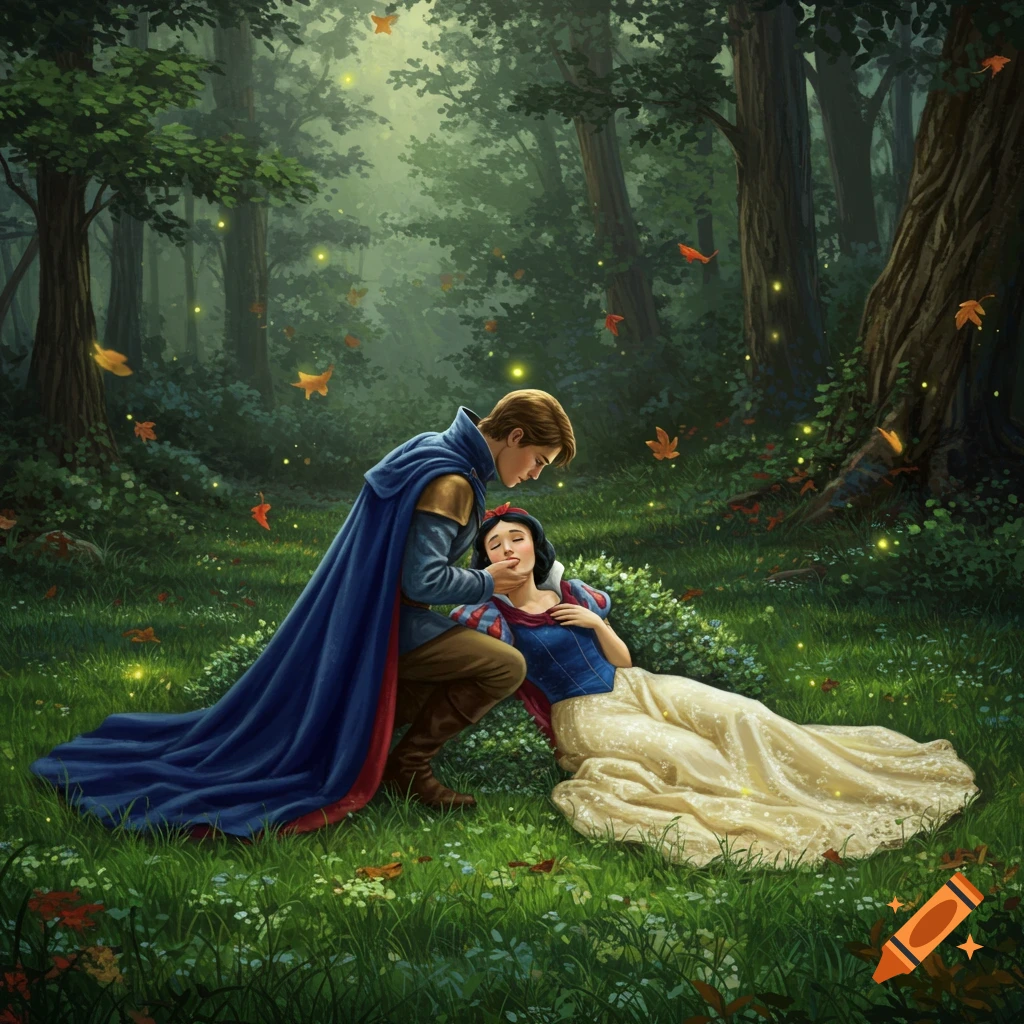 A prince kneels over an unconscious Snow White in a mystical forest with glowing fireflies.