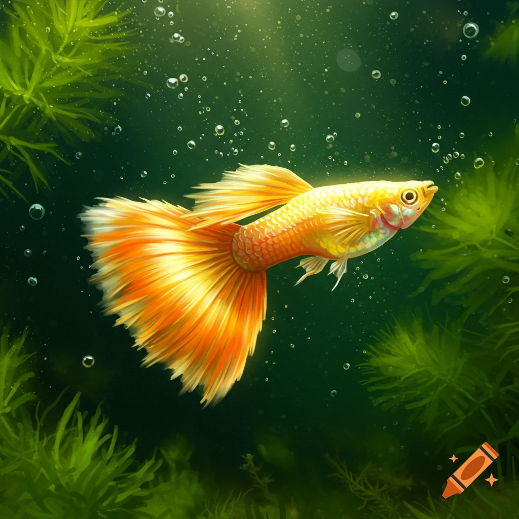 A vibrant golden guppy fish with orange fins swims in clear green water with bubbles and aquatic plants.