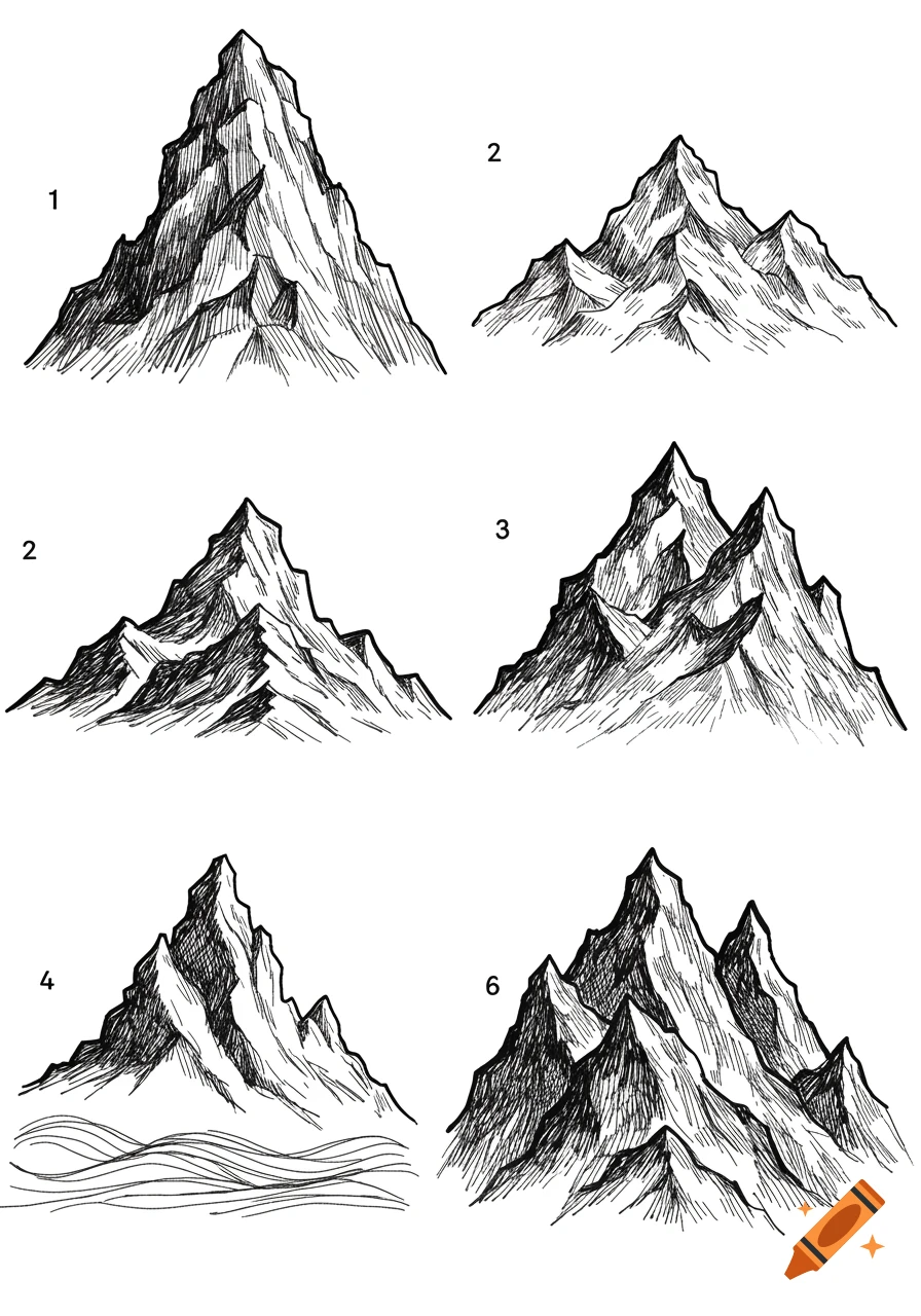 Six black and white hand-drawn illustrations of mountains with various peaks and shading.