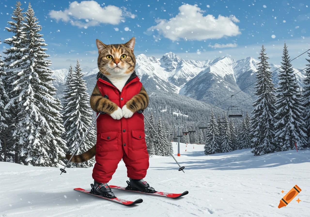 A photorealistic image of a tabby cat in a red ski suit standing on skis with poles in a snowy mountain ski resort.