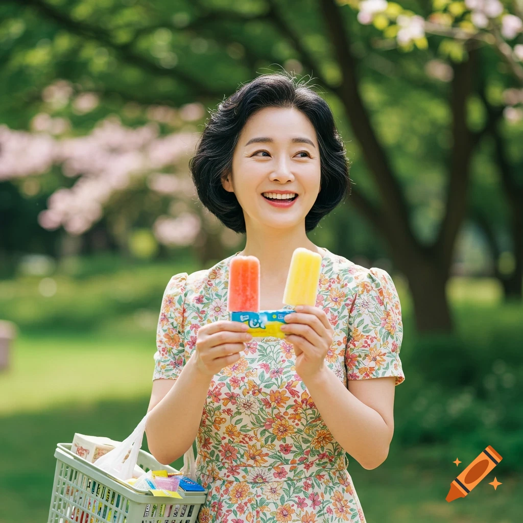 A smiling woman with short dark hair in a floral dress stands outdoors in a park, holding two popsicles.