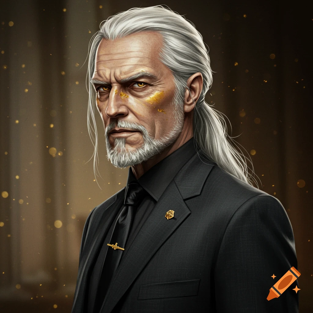 A serious elderly man with long white hair in a ponytail, sharp yellow eyes, and gold marks on his face, wearing a black suit.