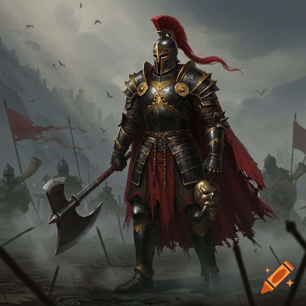 A knight in black and gold armor with a red cape and plume stands on a battlefield, holding a large axe and a golden skull.