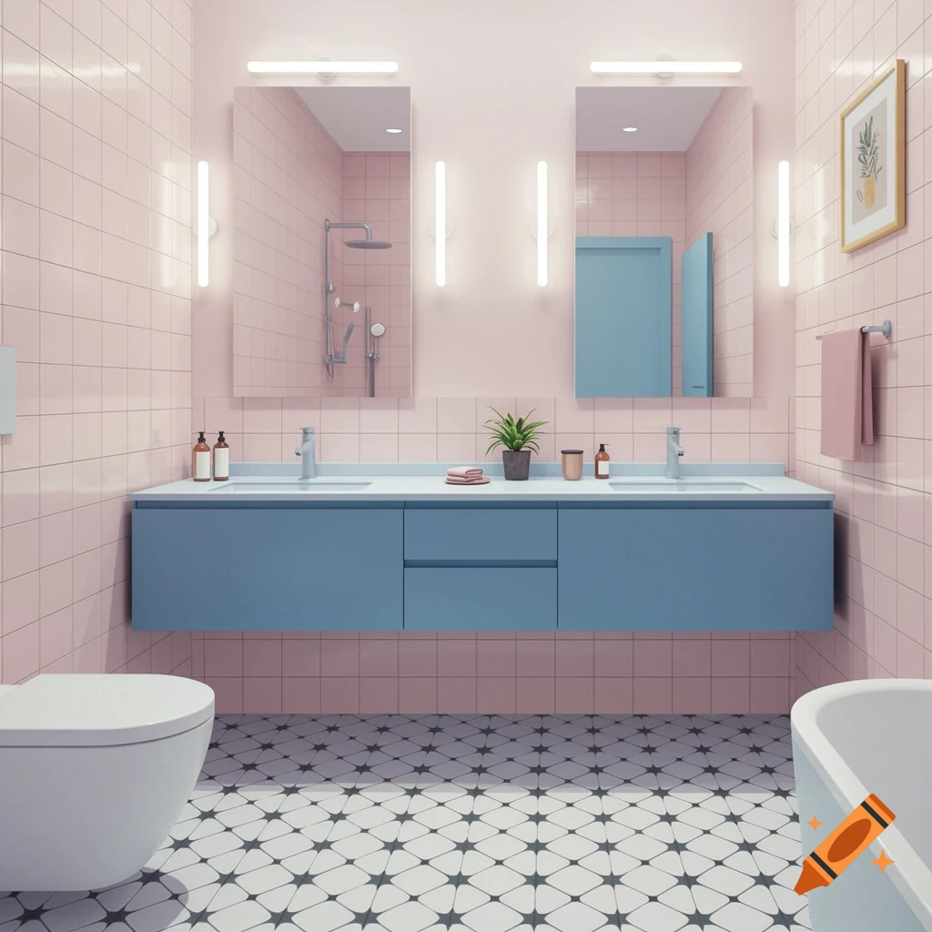 A modern bathroom featuring pink subway tile walls, a blue double sink vanity, and a black and white star-patterned floor.