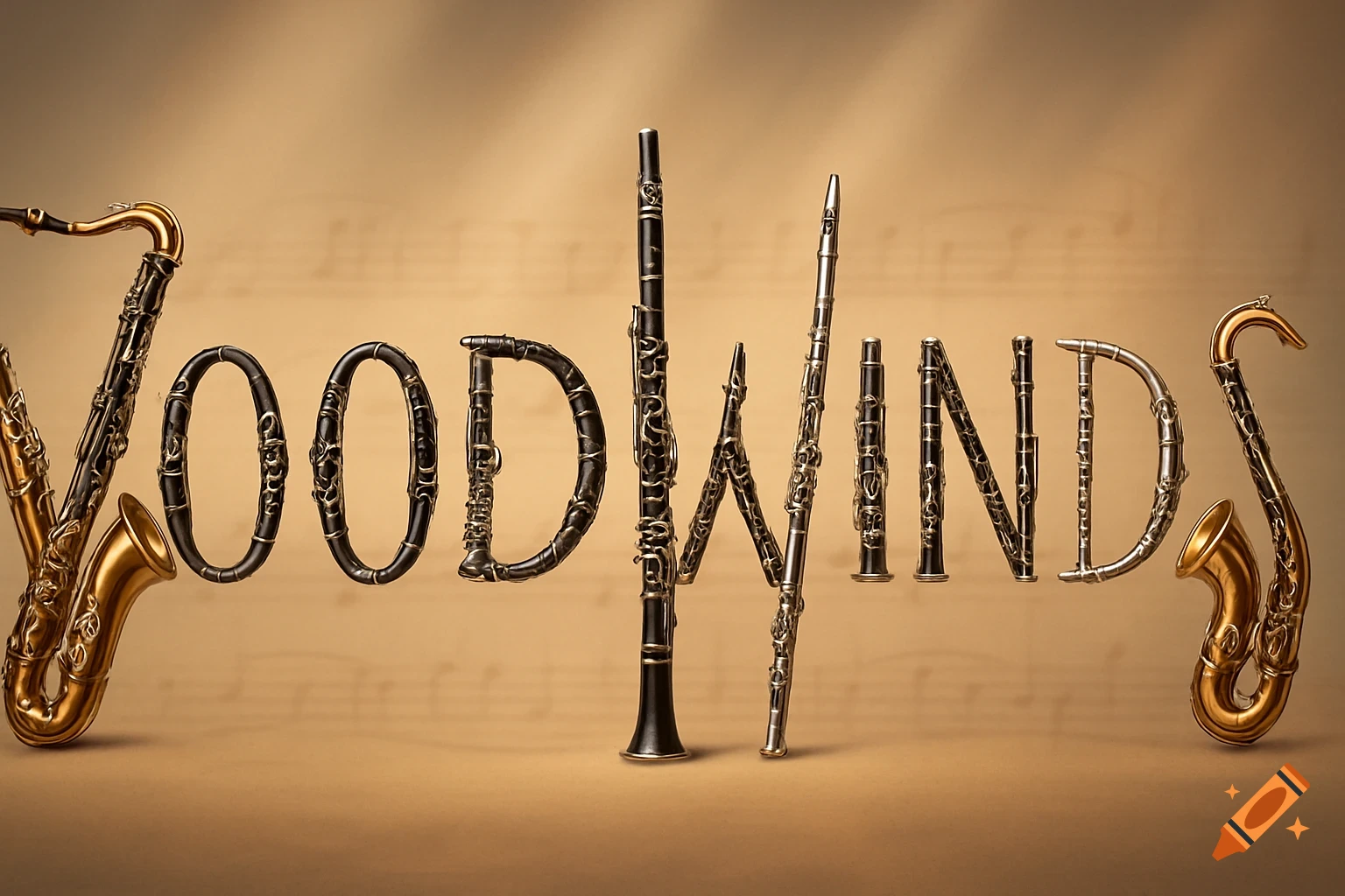 The word WOODWINDS spelled out using various woodwind instruments like saxophones, clarinets, and flutes.